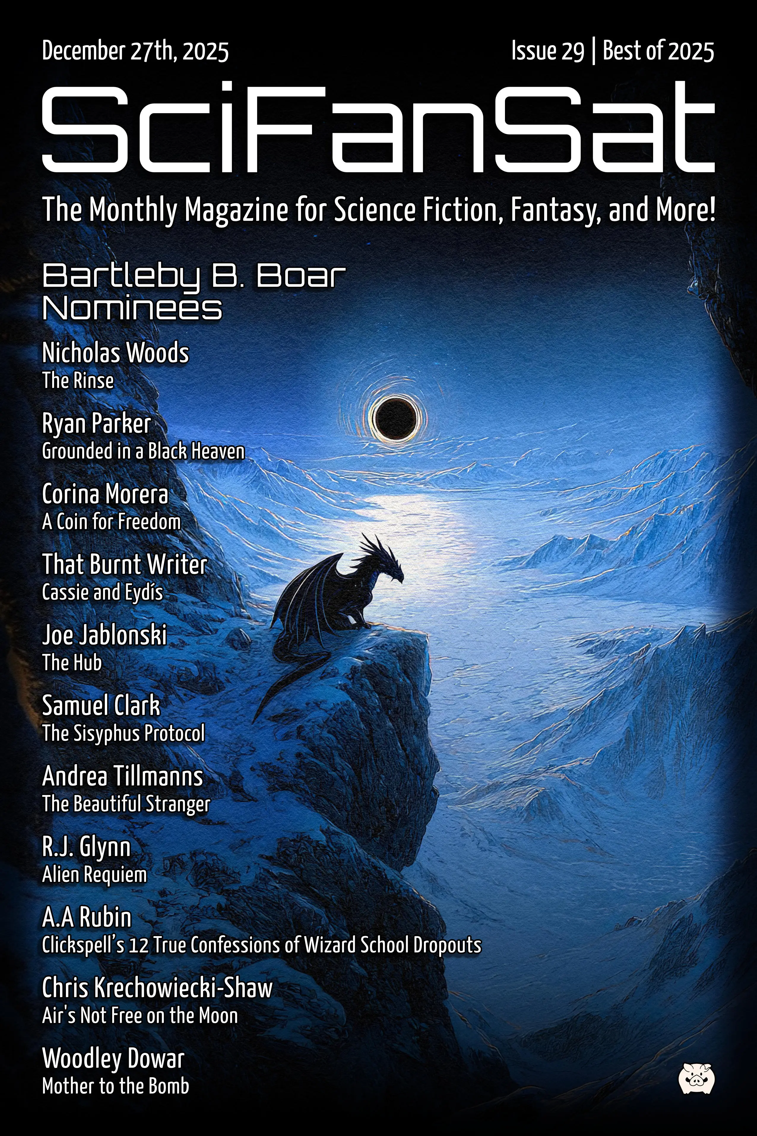 SciFanSat cover issue 29. Mountainous landscape at night, with a dragon in the background gazing at the horizon.